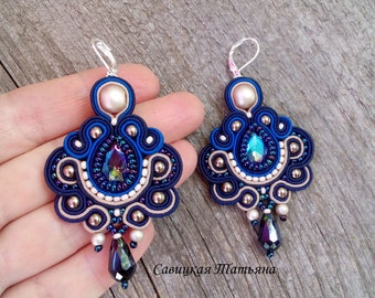 Blau beige Soutache Ohrringe, bestickte Kundan Textil Ohrringe, blauer Schmuck, Statement Alltag türkische Ohrringe