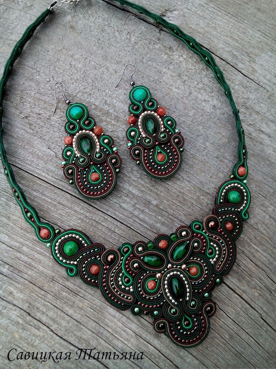Soutache Statement Oriental Set, Soutache Green Necklace, Soutache Green Earrings, Hand Embroidered Soutache Jewelry, Statement Jewelry