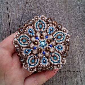 Beige blue soutache brooch, embroidered textile coat jacket brooch, cross geometric mandala pin, statement baroque brooch, coworker gift