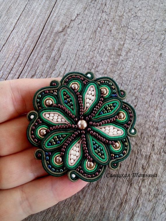 Green Beige Brown soutache brooch embroidered textile coat jacket brooch geometric mandala pin statement baroque brooch coworker gift