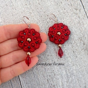 Red soutache earrings, boho chic round flowers earrings, hand embroidered red jewelry, statement oriental dangle earrings