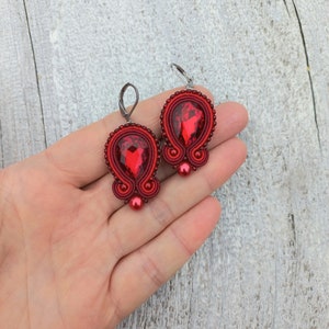 Red soutache earrings,  dangle boho chic earrings, hand embroidered red jewelry, oriental crystal earrings