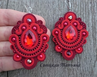 Red soutache earrings, embroidered kundan textile earrings, red jewelry, statement everyday turkish earrings