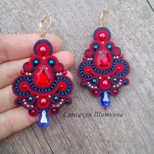 Long blue red soutache earrings, embroidered kundan textile earrings, blue red jewelry, statement everyday turkish earrings