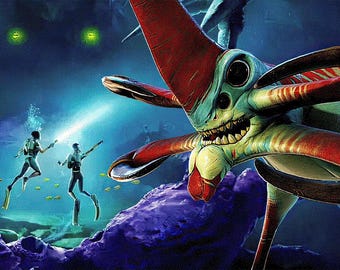 May include: A large, multi-eyed aquatic creature with red and teal skin, sharp teeth, and a pointed head, swimming near two divers in scuba gear who are holding bright flashlights in a dark, deep-sea environment with purple rock formations.