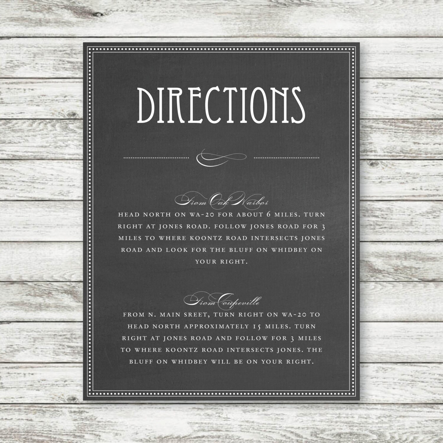Customizable Chalkboard Typography Wedding Directions Card or Info Card