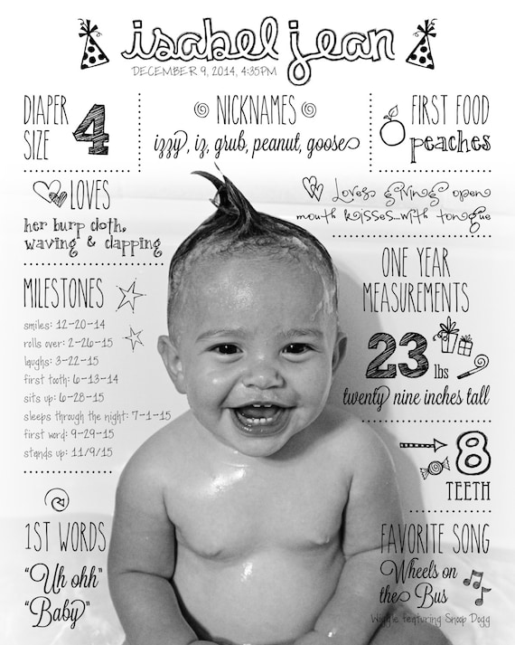 First Birthday Party Sign Baby firts year infographic First Birthday Keepsake 8x10 First Birthday Custom Infographic Poster
