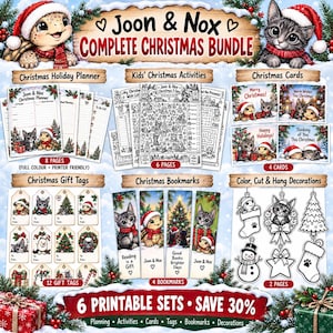Joon och Nox komplett utskrivbart julpaket | Julkalender, barnaktiviteter, kort, presentetiketter, bokmärken och dekorationer | PDF