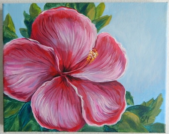 Original Purple Hibiscus Painting, Acrylic Floral Wall Decor