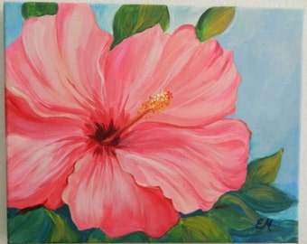 Original Hibiscus Painting, Pink Hibiscus Decor, Flower Canvas Painting, Custom flower gift Mothers Day Gift Hibiscus decor abstract flower