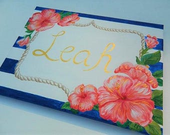 Girl Floral Nursery Name Sign, Canvas Name Sign Painting, Striped Floral Name Sign Hand Painted, Nautical Girl Name Sign, Hibiscus girl name