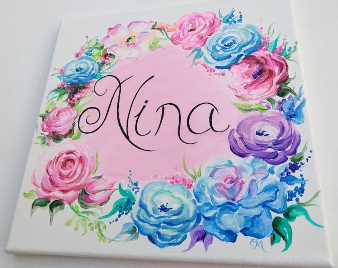 Floral Name Sign Canvas Name Painting Nursery Name Sign Etsy