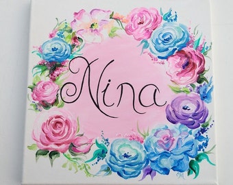 Floral Name Painting, Personalized Nursery Decor, Custom Canvas Art
