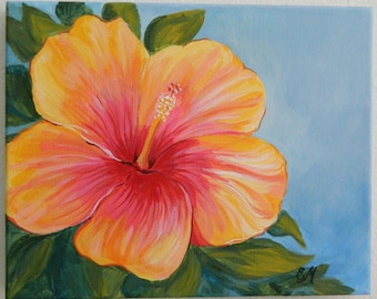 Hibiscus Painting, Yellow and Red Hibiscus Origianl Painting, Hibiscus decor, Flower Painting, Gift for mom Modern Art Hibiscus Flower Decor