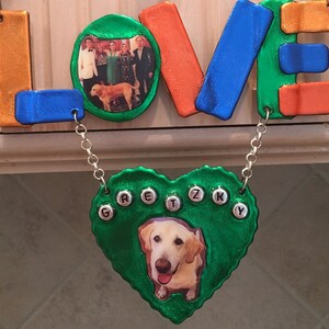 May include: A green heart-shaped ornament with the word "Gretzky" spelled out in silver letters. The ornament has a picture of a golden retriever dog inside.