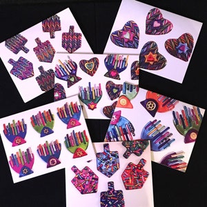 CHANUKAH 6 CARDS Multipack, Colorful, Unique Original Judaica Designs, Silver - Gold Star of David Charms, Hanukah Decor, Blank inside