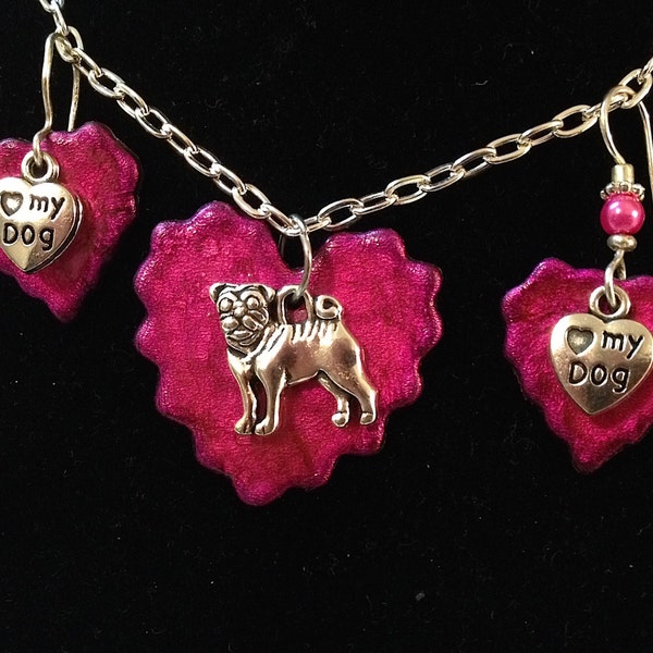 I LOVE my DOG Jewelry Set,  Necklace, Earrings, Silver Pug, Setter, Retriever Dog Charm, Dog Lover Gift, Lightweight, Choice of 8 Colors