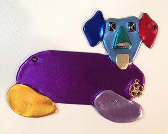 DOG Ornament, Adorable Dog with a Variety of Gold Heart Charm Collar Tags, Dog Lover Gift, Metallic Acrylic, Whimsical Design