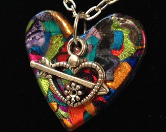 ARROW HEART NECKLACE, Valentines Day Gift, Multi color Glass Like Metallic Foil Acrylic Abstract Mosaic Heart, Silver Milagros Spirit Charm