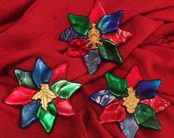 POINSETTIA CHRISTMAS Pins! Great Scarf clip or on Blazer, sweater Silver/Gold Dove, Mistletoe, Tree, Bells, Snowman detailed charms.
