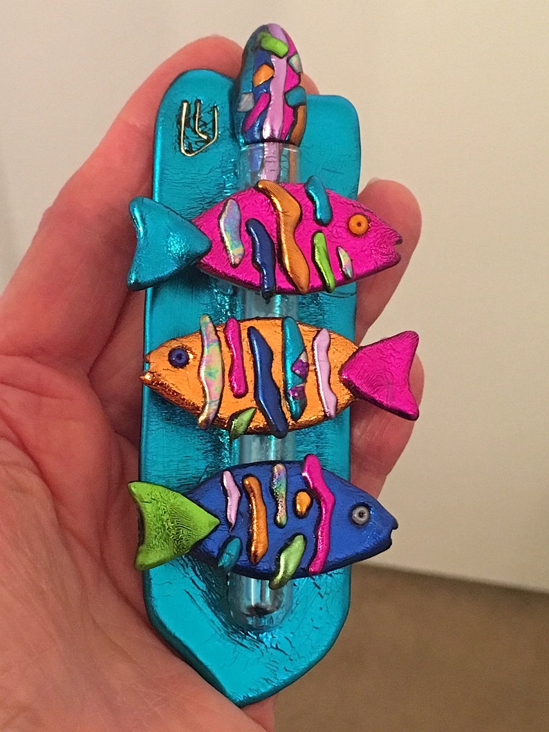Fanciful Fish Mezuzah Arts and Crafts Jewish Star Gold Etsy