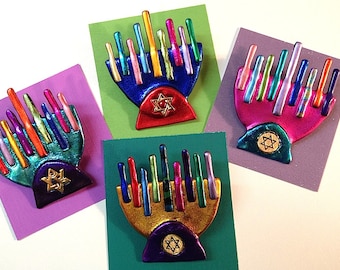 HANUKAH MENORAH Pin, Star of David Charms, 24K Gold over Brass Charms, Holiday Jewelry, Iridescent Color, Contemporary Jewelry
