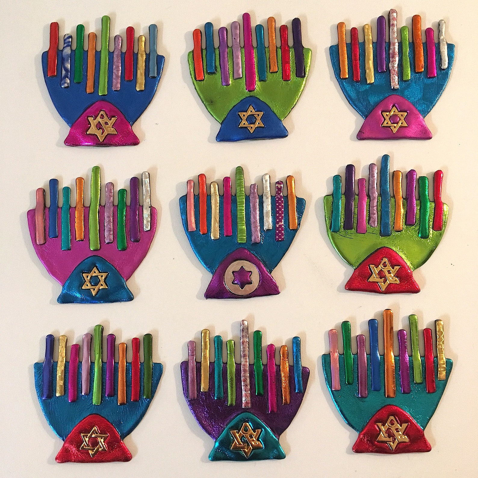 HANUKAH MENORAH Pin, Star of David Charms, 24K Gold Over Brass Charms ...