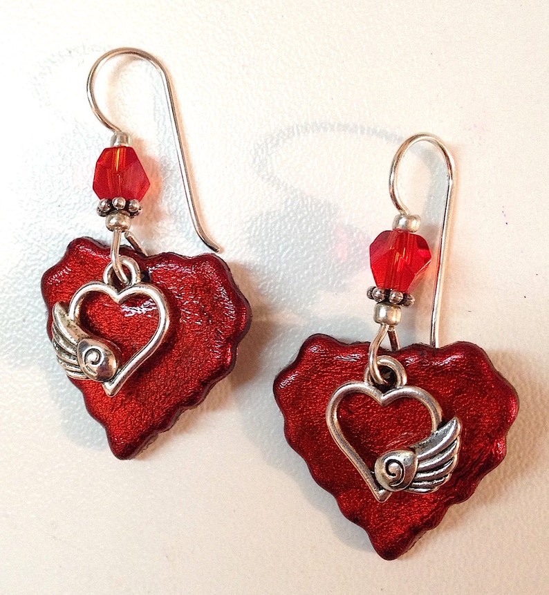 RED HEART Earrings Silver Winged Heart Charm Sterling Ear - Etsy