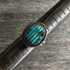 SIZE 7.25: Hand Carved Old Stock Hubei Turquoise Double Facet Ring - Sterling Silver