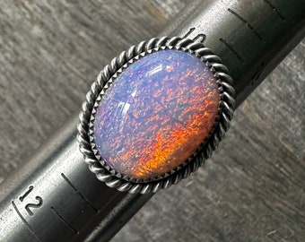 SIZE 10.75: Imitation Glass Opal from the 1950s Facet Ring - Sterling Silver