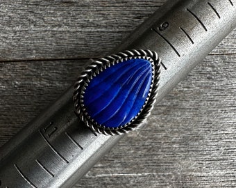 SIZE 10: Hand Carved Lapis Cabochon Hammered Ring - Sterling Silver