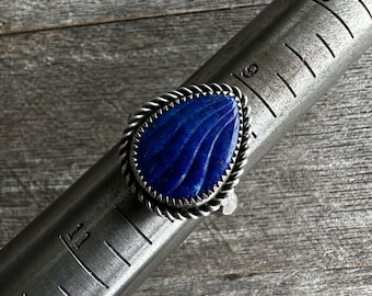 SIZE 10: Hand Carved Lapis Cabochon Facet Ring - Sterling Silver