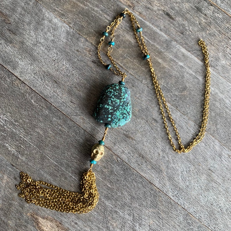 Hubei Turquoise and Brass Skull Tassel Necklace image 3