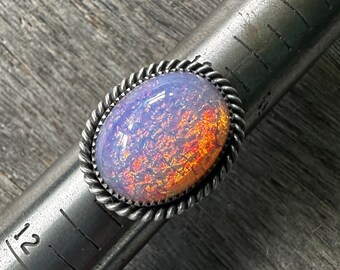 SIZE 10.5: Imitation Glass Opal from the 1950s Bark Ring - Sterling Silver