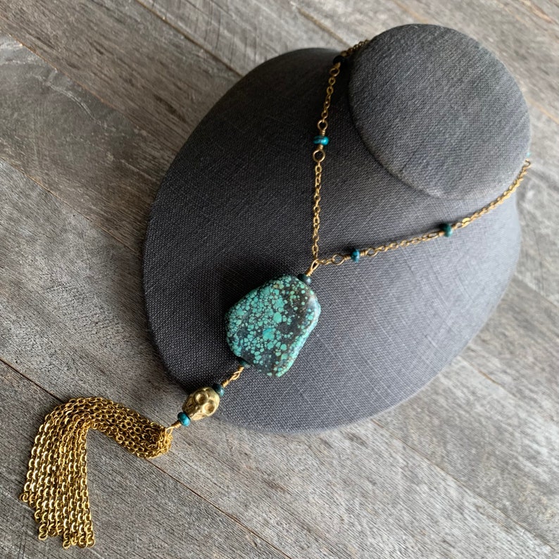 Hubei Turquoise and Brass Skull Tassel Necklace image 2