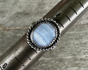 SIZE 4.5: Blue Lace Agate Flowers and Swirls Ring - Sterling Silver