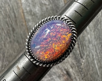SIZE 8.25: Imitation Glass Opal from the 1950s Flowers and Swirls Ring - Sterling Silver