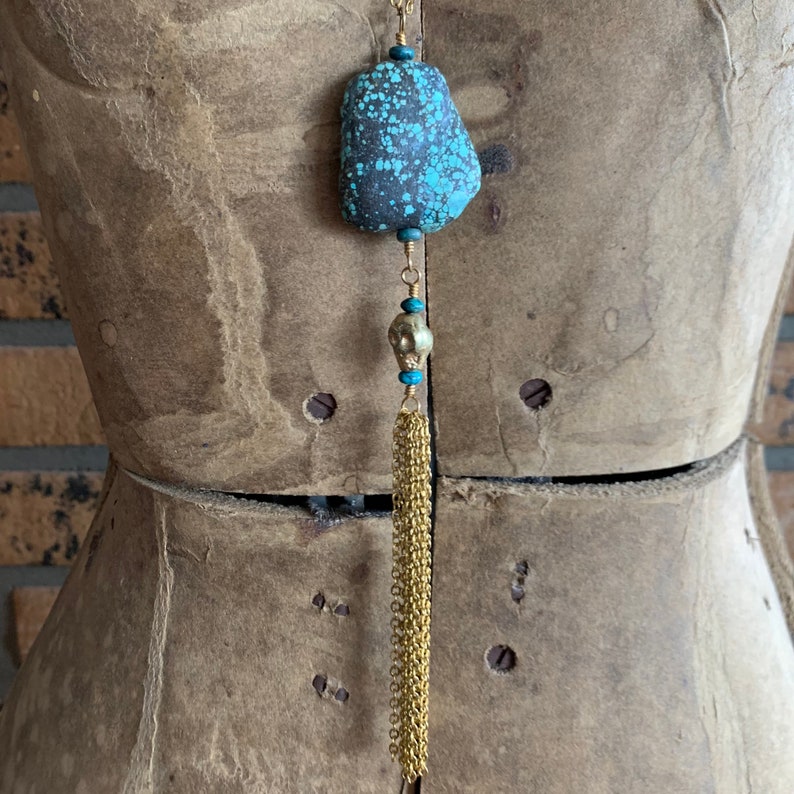 Hubei Turquoise and Brass Skull Tassel Necklace image 6