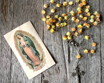 Handmade Orange & Yellow Pressed Glass Rosary