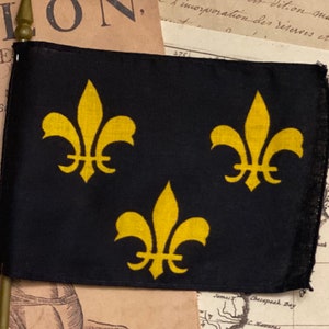 Könnte beinhalten: Eine schwarze Stofffahne mit drei goldenen Lilien, einem traditionellen Symbol Frankreichs.
