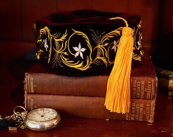 His Lordship's Victorian British Smoking Cap - Embroidered Velvet