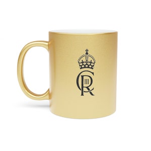 Coronation Metallic Mug, King Charles III Cypher, British Royal Gift (Silver/Gold)
