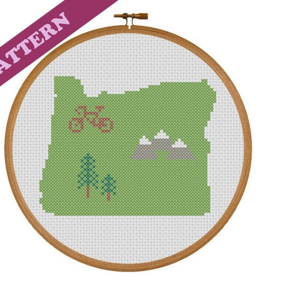 Oregon State Modern Cross Stitch Pattern Simple, Easy, Portland Tree Bicycle PNW Mountains Pacific Instant PDF Download, Printable Pattern