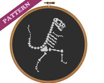 Skeleton Trex Stitched on Black Dinosaur Modern Cross Stitch Pattern Fosil Prehistoric Halloween Easy Simple Beginner Pattern Holiday Fall