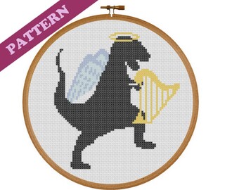 T-Rex Angel Dinosaur Modern Cross Stitch Pattern, Harp, Angel Wings, Halo, Easy DIY Craft Pattern, Instant Download, Xmas Printable Pattern