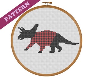 Triceratops Dinosaur in Plaid Sweater Modern Cross Stitch Pattern Easy, Simple, Small, Beginner Instant PDF Download, Ancient, Prehistoric