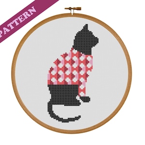 Zwarte kat in rode trui Cross Stitch patroon, silhouet, Instant afdrukbare PDF-download