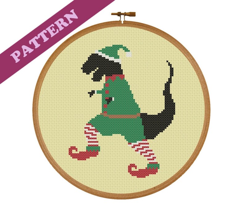 Christmas Dinosaur T-Rex Elf Modern Cross Stitch Pattern ...
