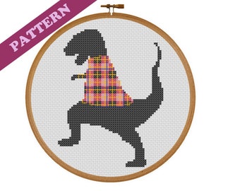 Trex in Tartan Sweater Dinosaur Modern Cross Stitch Pattern, Easy, Small, Fantasy Instant Download, Prehistoric, Printable Pattern