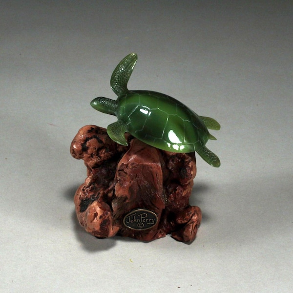 Turtle Sculpture Figurine Statue by John Perry JADE 4in long sculpture on burlwood Decor